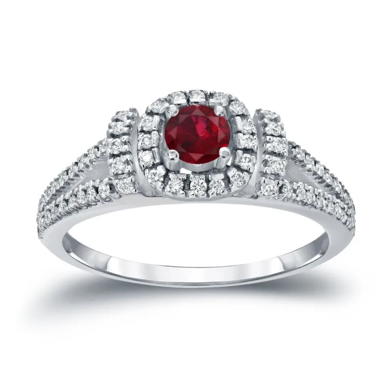 Round 1/5ct Red Ruby and 1/3ct TDW Diamond Halo Engagement Ring in 14k Gold by Auriya sold by Zulily