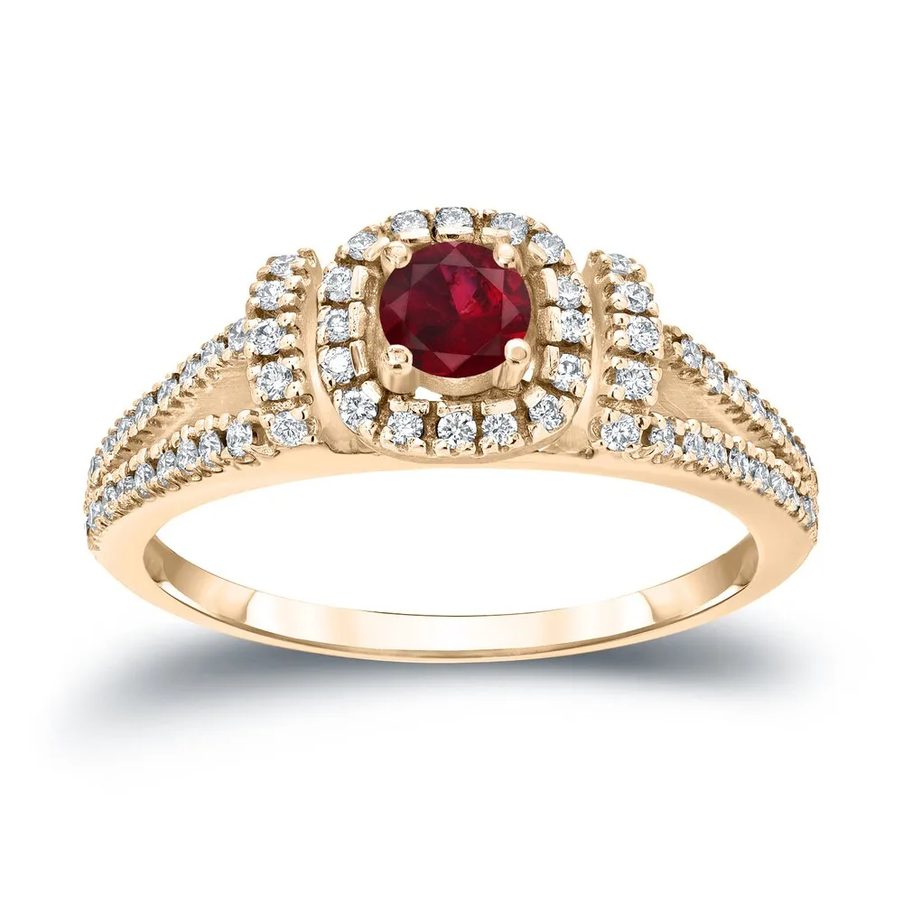 Round 1/5ct Red Ruby and 1/3ct TDW Diamond Halo Engagement Ring in 14k Gold by Auriya sold by Zulily product image thumbnail 2