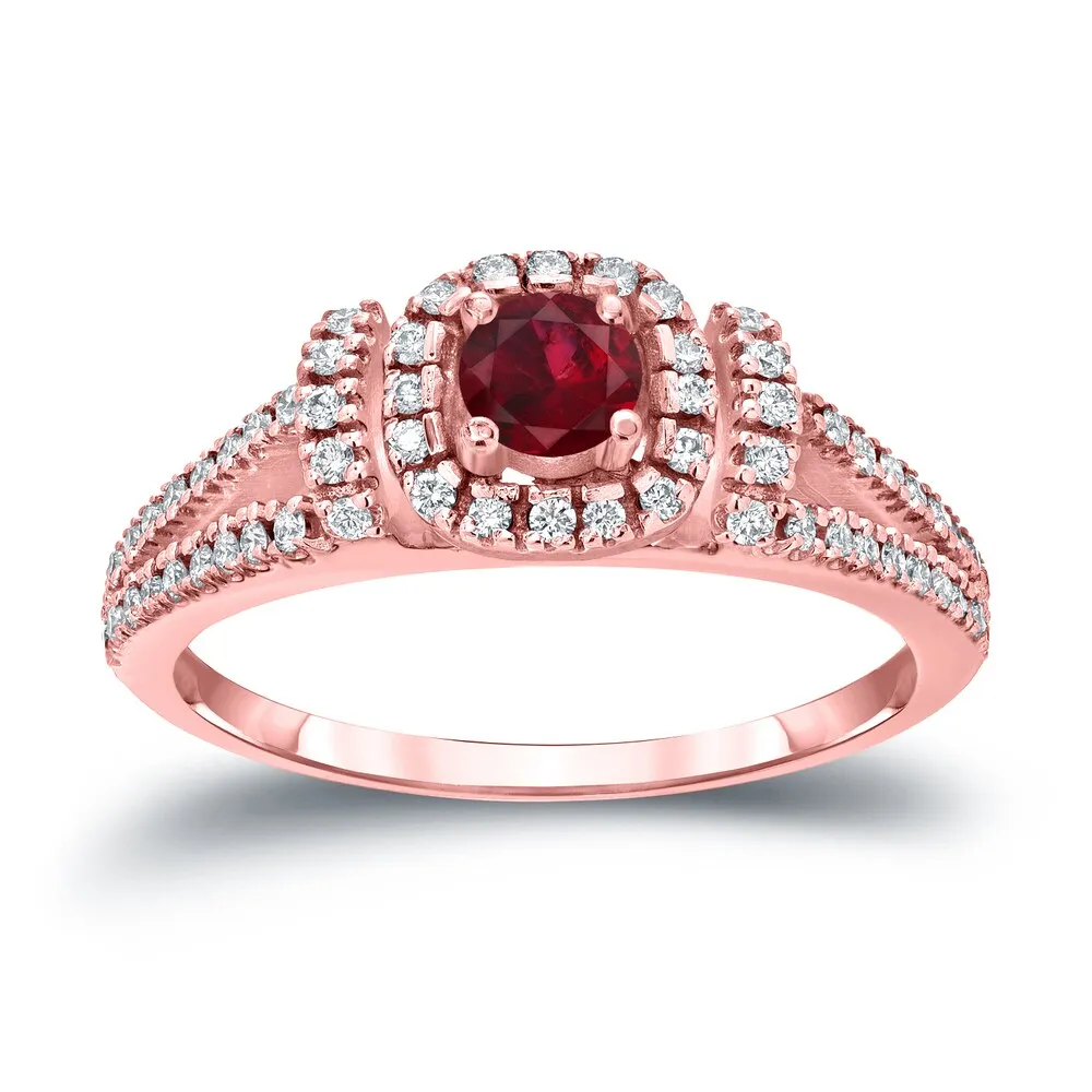 Round 1/5ct Red Ruby and 1/3ct TDW Diamond Halo Engagement Ring in 14k Gold by Auriya sold by Zulily product image thumbnail 3