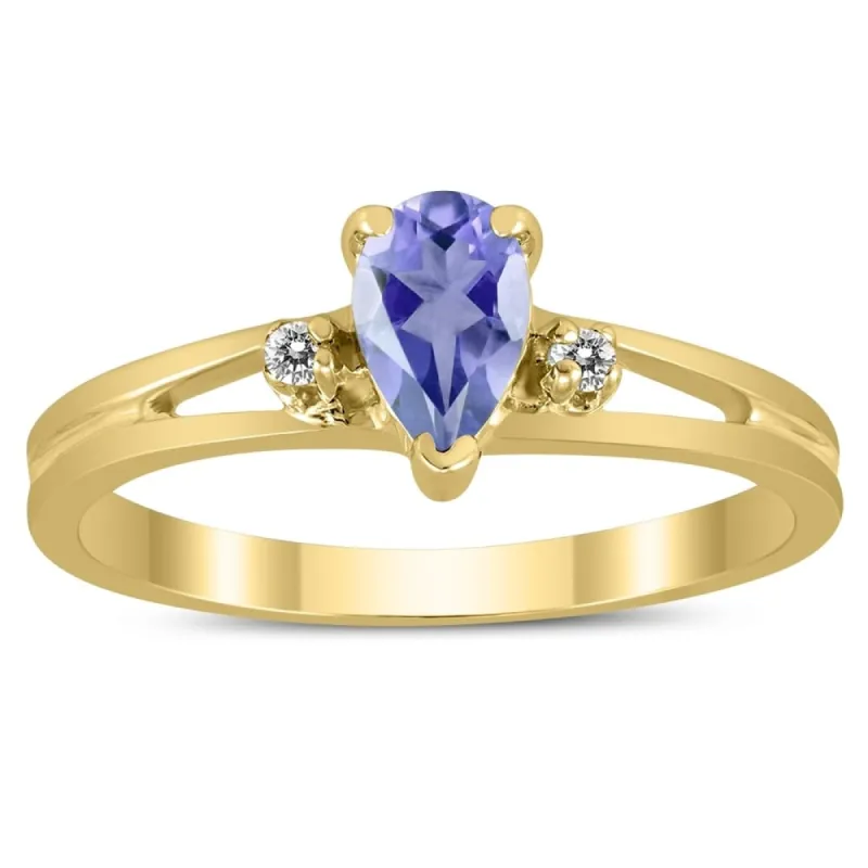 6X4MM Tanzanite and Diamond Pear Shaped Open Three Stone Ring in 10K Yellow Gold sold by Zulily