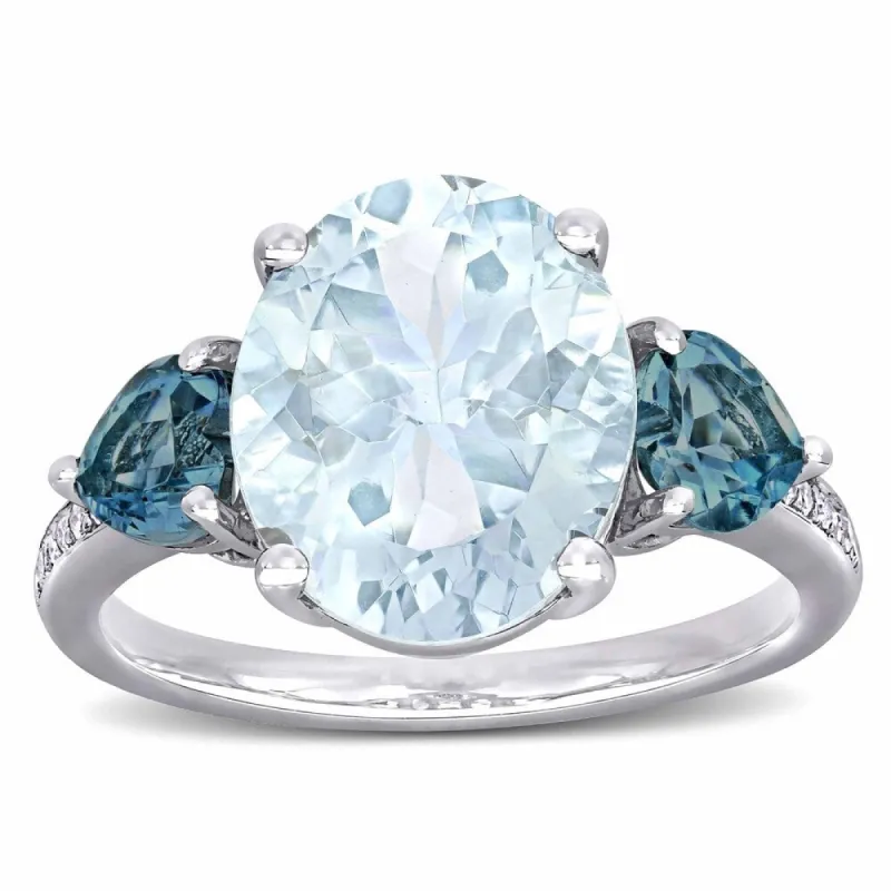 Miadora Sterling Silver Multi-Cut Ice Aquamarine London Blue Topaz and Diamond 3-Stone Cocktail Ring sold by Zulily