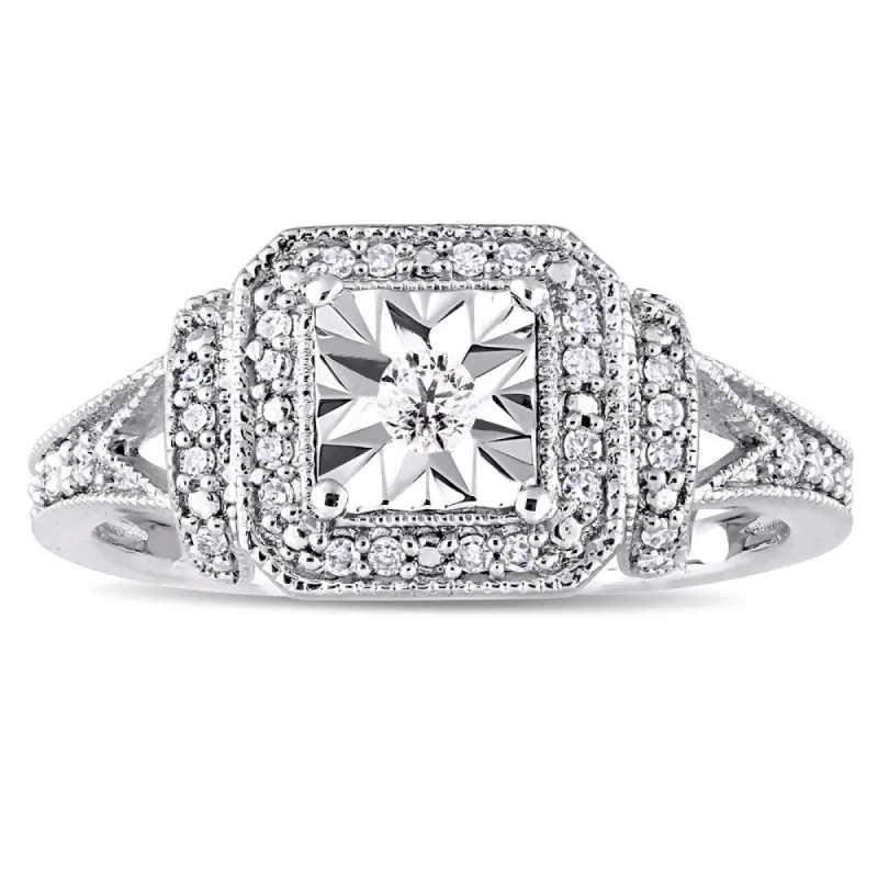 Miadora Sterling Silver 1/5ct TDW Diamond Square Halo Engagement Ring - White sold by Zulily