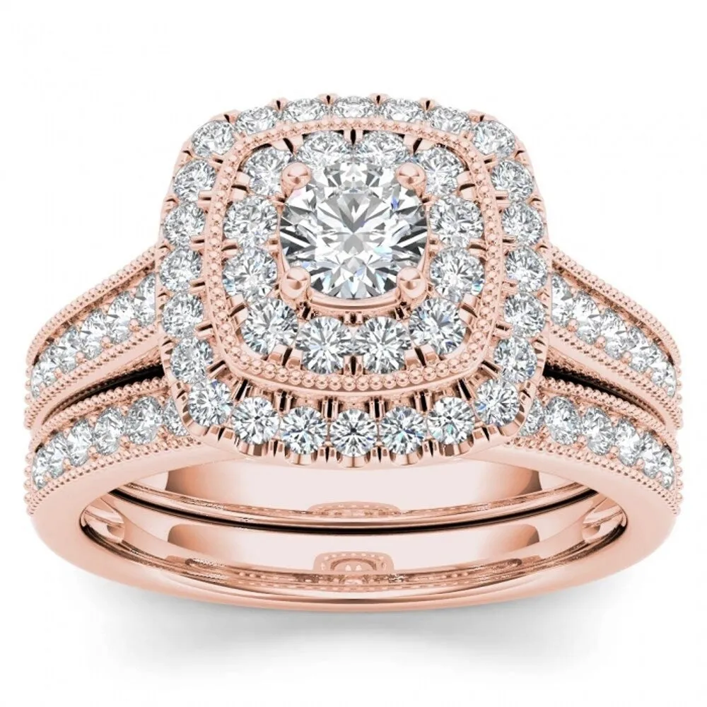 De Couer 14k Rose Gold 3/4ct TDW Diamond Double Halo Bridal Ring Set sold by Zulily