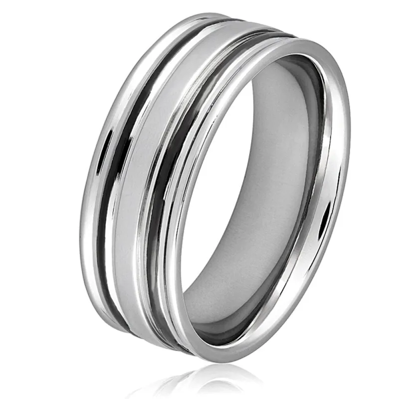 Men's Stainless Steel Black Plated Grooved Ring - White sold by Zulily