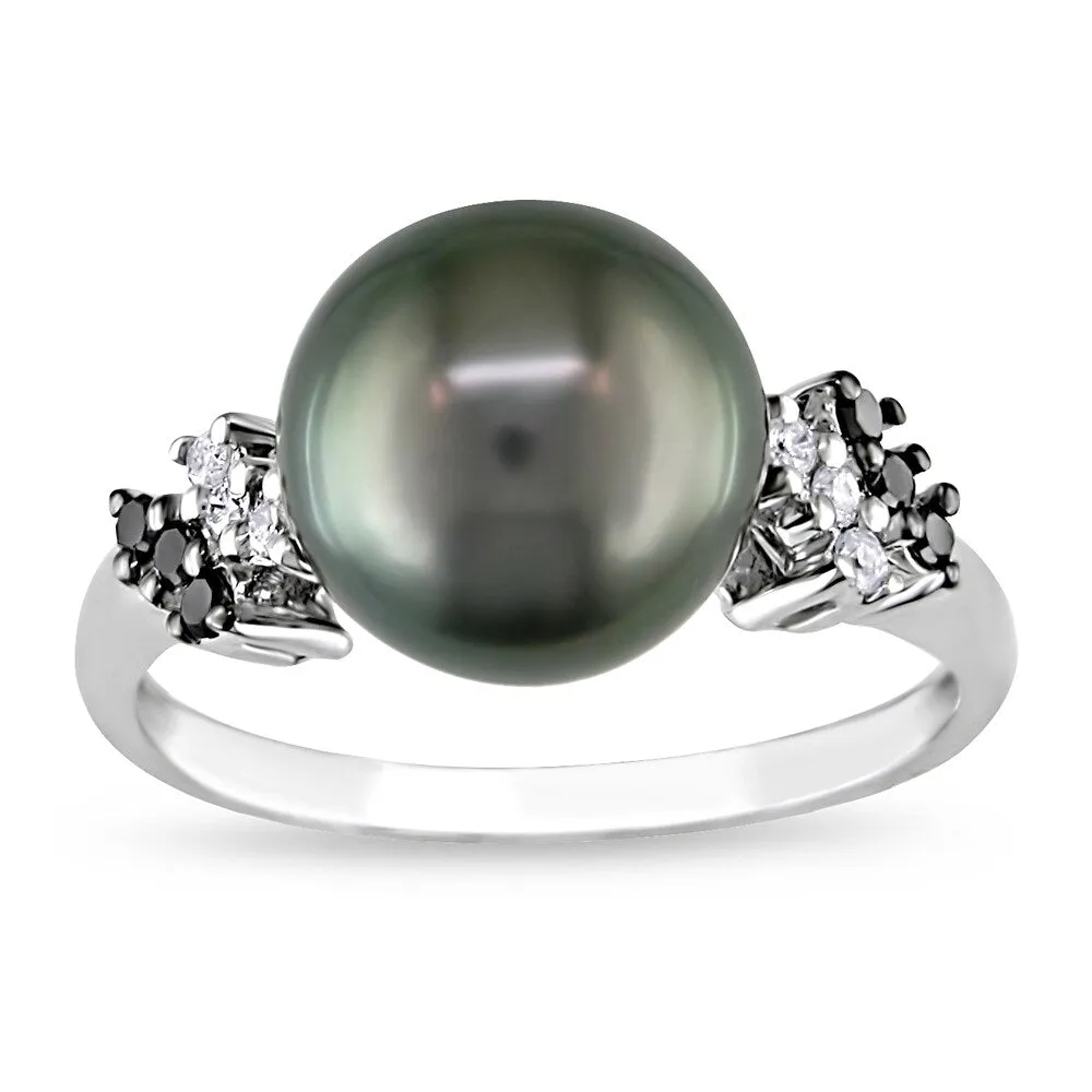 9-10 MM Tahitian Cultured Pearl 1/8ct TDW Black and White Diamond Ring in 10k White Gold by Miadora sold by Zulily