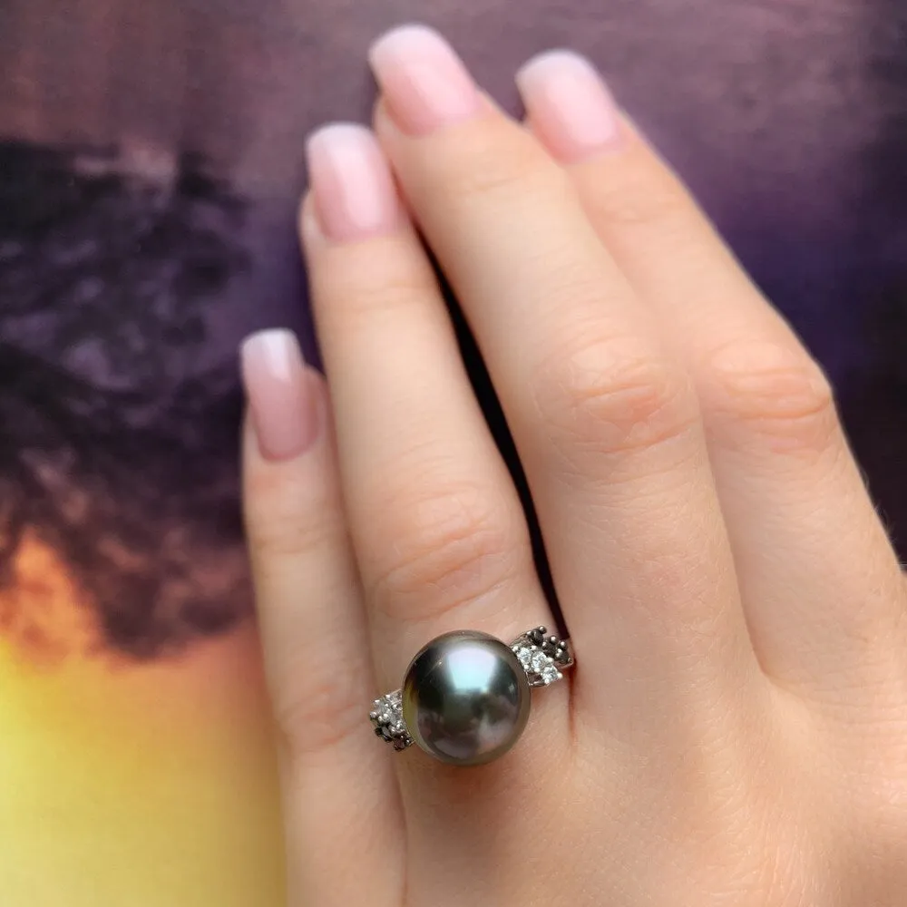 9-10 MM Tahitian Cultured Pearl 1/8ct TDW Black and White Diamond Ring in 10k White Gold by Miadora sold by Zulily product image thumbnail 2