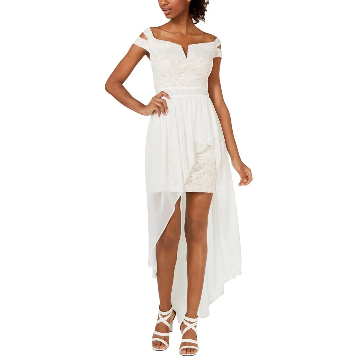 Morgan & Co. Women's Off the Shoulder Lace & Chiffon Overlay Gown Ivory Size 5 sold by Zulily