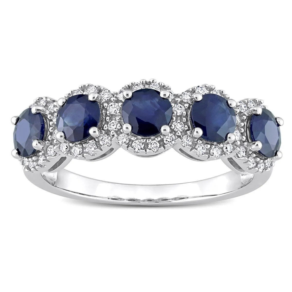 Miadora Blue Sapphire and 1/5ct TDW Diamond 5-Stone Halo Semi-Eternity Band Ring in 14k White Gold sold by Zulily