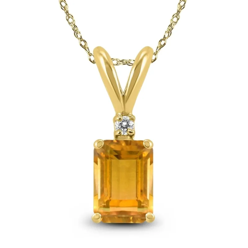 14K Yellow Gold 8x6MM Emerald Shaped Citrine and Diamond Pendant sold by Zulily