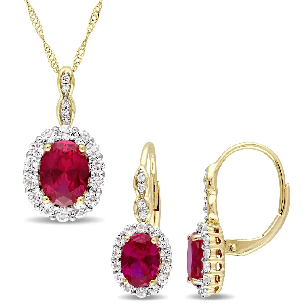 Miadora Signature Collection 14k Yellow Gold Created Ruby White Topaz & Diamond Necklace and Leverback Earrings Set sold by Zulily