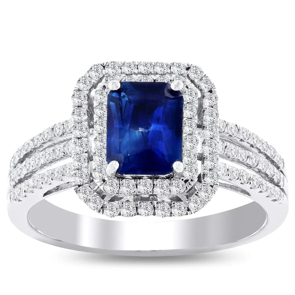 Auriya 18k White Gold 1 1/10ct Emerald-Cut Blue Sapphire and 1/2ctw Halo Diamond Engagement Ring sold by Zulily