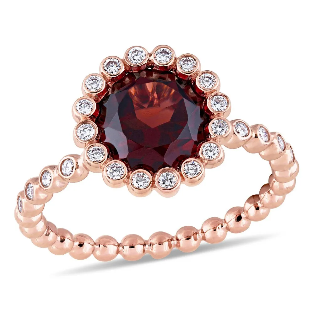Miadora Signature Collection 14k Rose Gold Garnet and 1/4ct TDW Diamond Beaded Halo Solitaire Engagement Ring - Red sold by Zulily