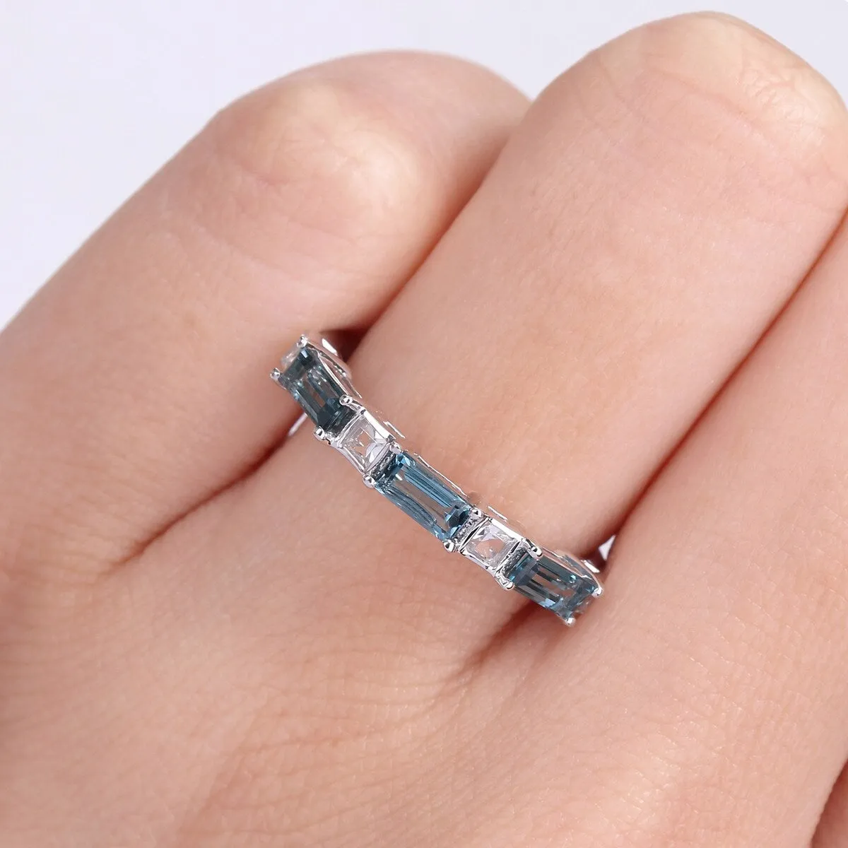 Baguette London-Blue Topaz & White Topaz Stackable Eternity Wedding Band Ring in 10k White Gold by Miadora sold by Zulily product image thumbnail 3