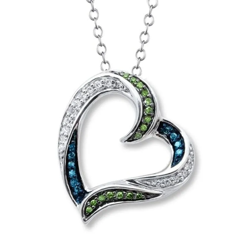 Sterling Silver with Genuine Green, Blue Diamond and White Topaz Heart Pendant with 18 Inch chain. sold by Zulily