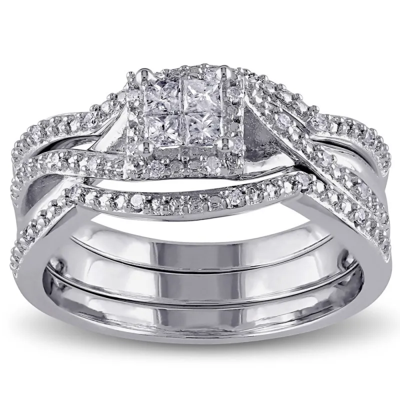 Miadora Sterling Silver 1/3ct TDW Princess and Round-cut Split Shank Diamond Bridal Ring Set sold by Zulily