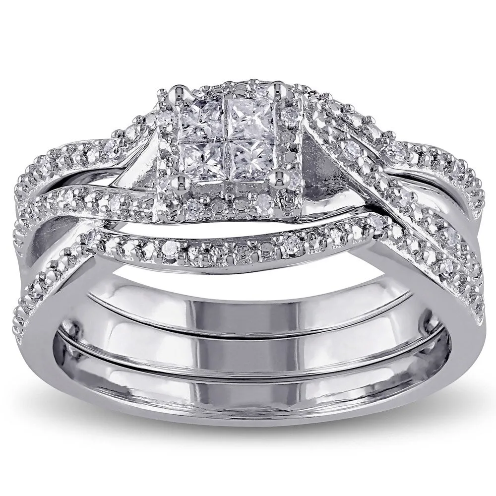 Miadora Sterling Silver 1/3ct TDW Princess and Round-cut Split Shank Diamond Bridal Ring Set sold by Zulily