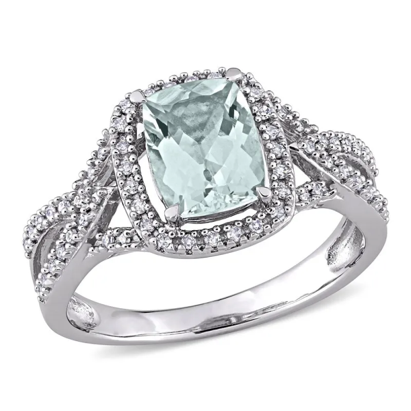Miadora 10k White Gold Cushion Aquamarine & 1/6ct TDW Diamond Halo Split Shank Engagement Ring sold by Zulily