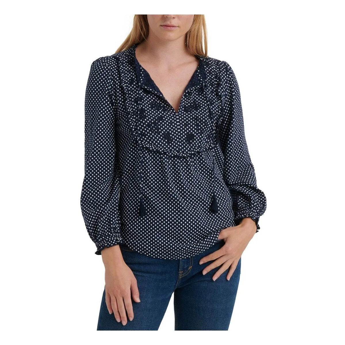 Lucky Brand Women's Embroidered Polka Dot Long Sleeve V Neck Top Blue Size S/P sold by Zulily