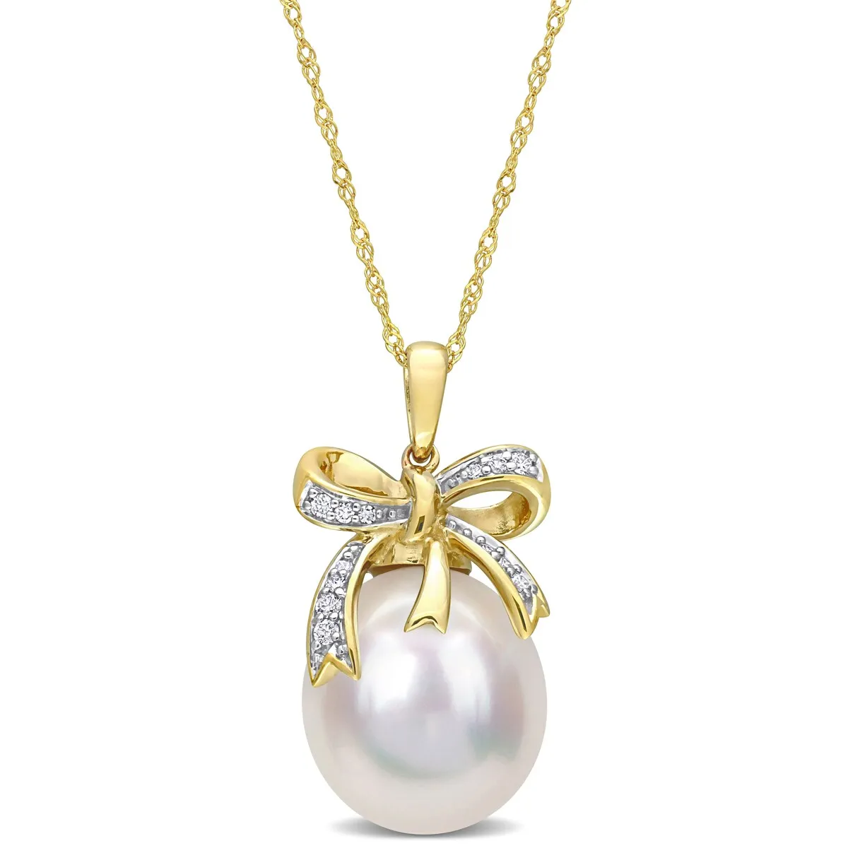 Miadora 12-12.5mm South Sea Cultured Pearl and 1/10 ct TW Diamond Bow 10k Yellow Gold sold by Zulily