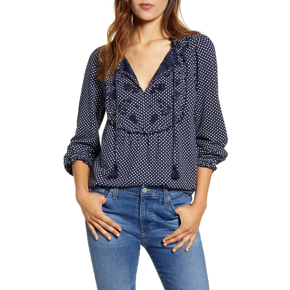 Lucky Brand Women's Embroidered Polka Dot Long Sleeve V Neck Top Blue Size S/P sold by Zulily product image thumbnail 4