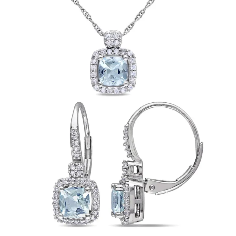 Miadora Cushion-Cut Aquamarine and 1/3ct TDW Diamond Necklace and Leverback Earrings 2-Piece Set in 10k White Gold (G-H,I1-I2) sold by Zulily