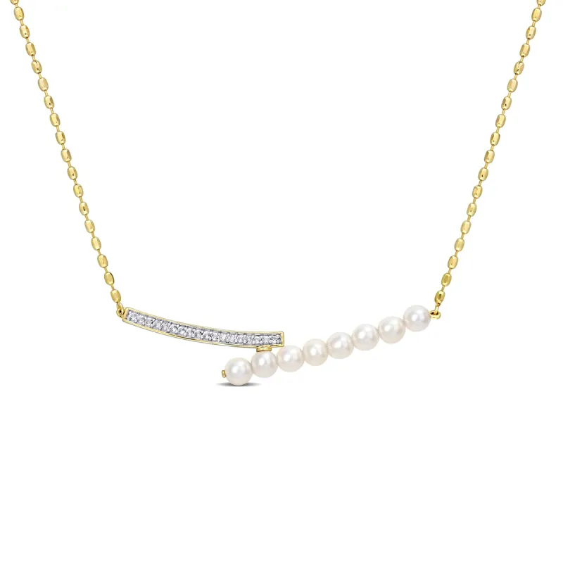 Miadora White Topaz and 4-4.5mm White Freshwater Cultured Pearl Necklace with Chain Yellow Silver sold by Zulily