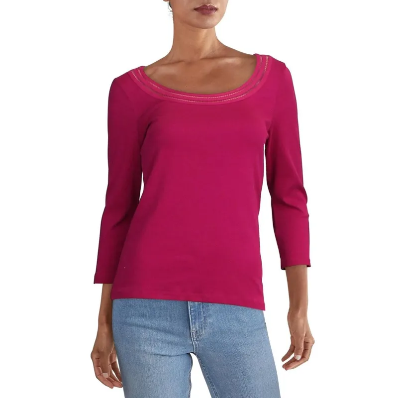 Ralph Lauren Women's Contrast Trim Scoop Neck Top Pink Size Large sold by Zulily