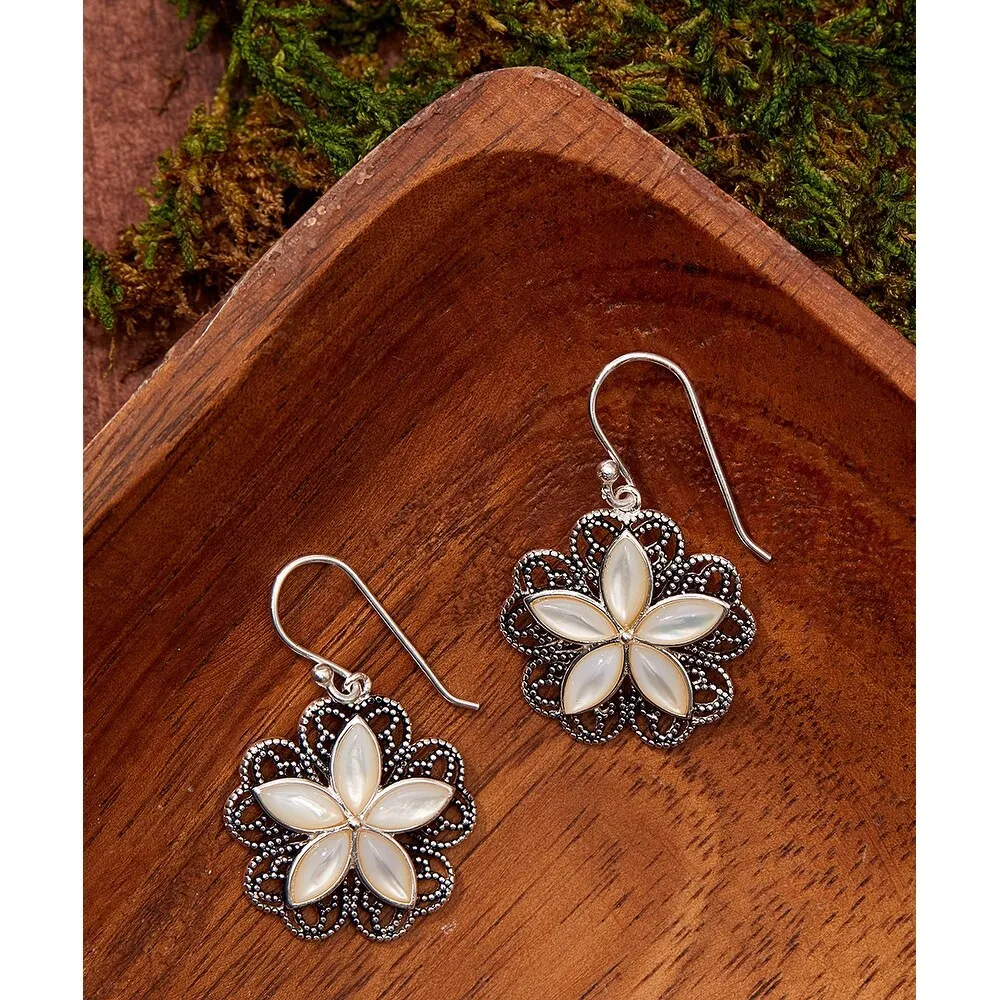 Vera & Co. Stering Silver Five Petal Mother of Pearl Flower Oxidized Earring - White sold by Zulily