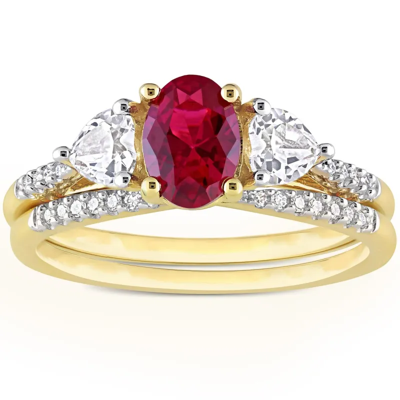 Miadora 10k Yellow Gold Created Ruby White Sapphire & 1/10ct TDW Diamond 3-Stone Bridal Ring Set sold by Zulily
