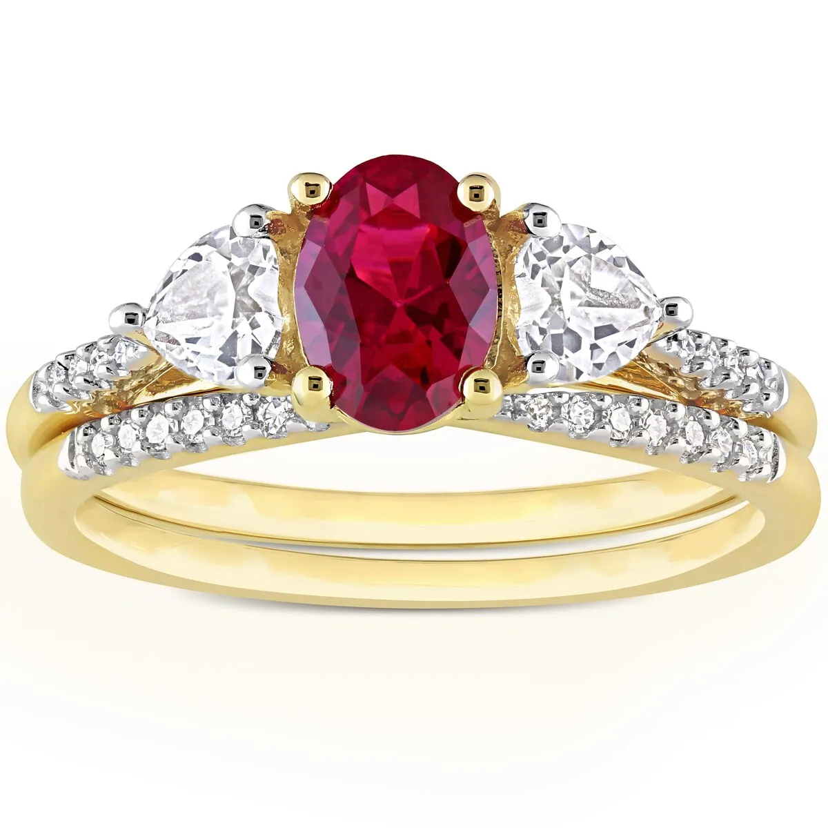 Miadora 10k Yellow Gold Created Ruby White Sapphire & 1/10ct TDW Diamond 3-Stone Bridal Ring Set sold by Zulily