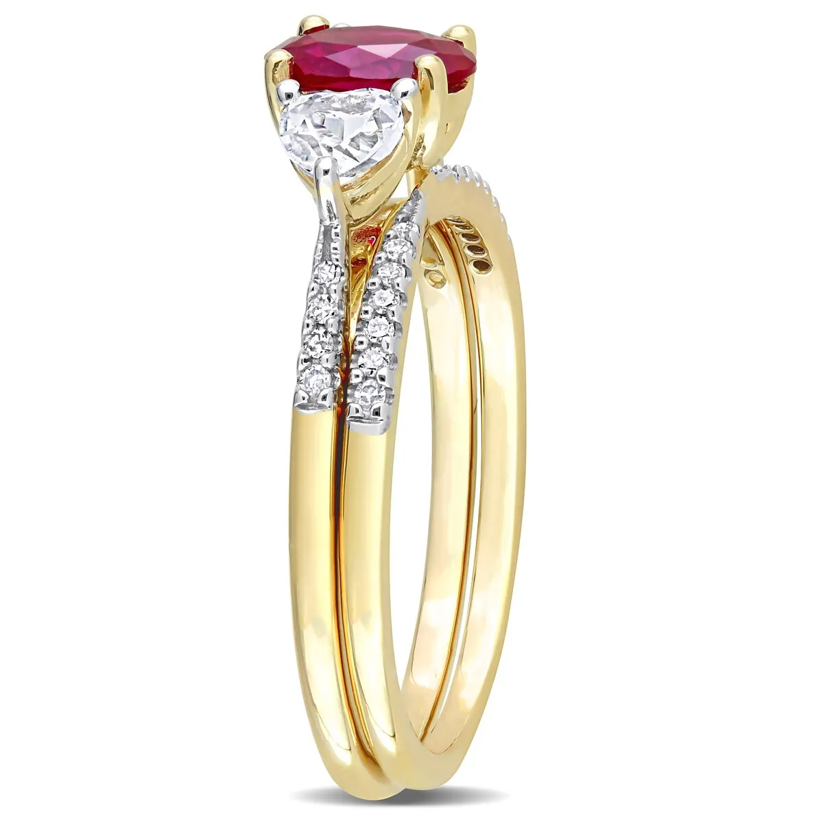 Miadora 10k Yellow Gold Created Ruby White Sapphire & 1/10ct TDW Diamond 3-Stone Bridal Ring Set sold by Zulily product image thumbnail 2