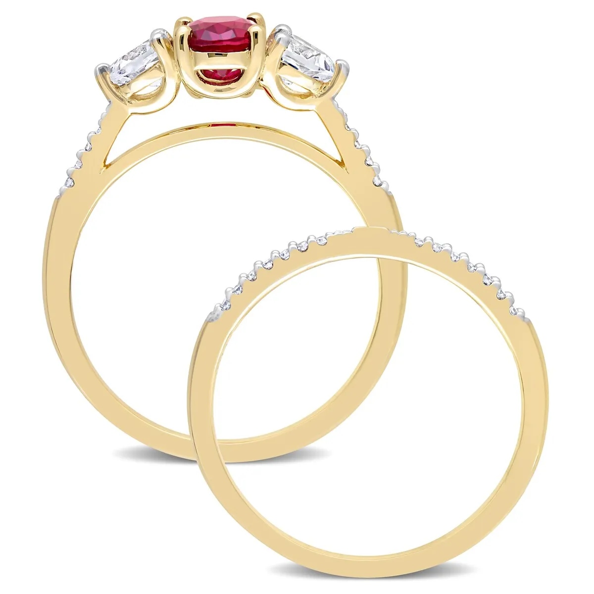 Miadora 10k Yellow Gold Created Ruby White Sapphire & 1/10ct TDW Diamond 3-Stone Bridal Ring Set sold by Zulily product image thumbnail 3