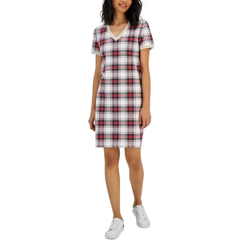 Tommy Hilfiger Women's Plaid Metallic Trim V Neck Dress White sold by Zulily