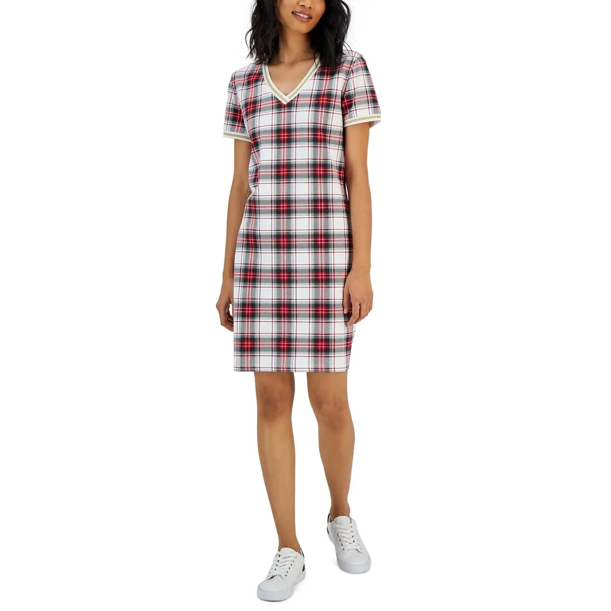Tommy Hilfiger Women's Plaid Metallic Trim V Neck Dress White sold by Zulily product image thumbnail 4