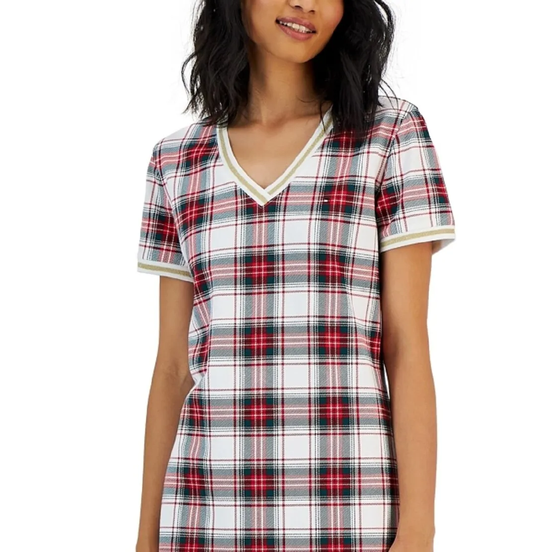 Tommy Hilfiger Women's Plaid Metallic Trim V Neck Dress White sold by Zulily product image thumbnail 5