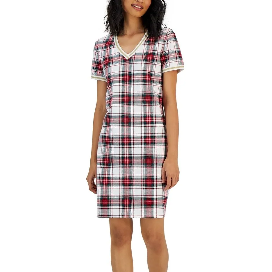 Tommy Hilfiger Women's Plaid Metallic Trim V Neck Dress White sold by Zulily product image thumbnail 2