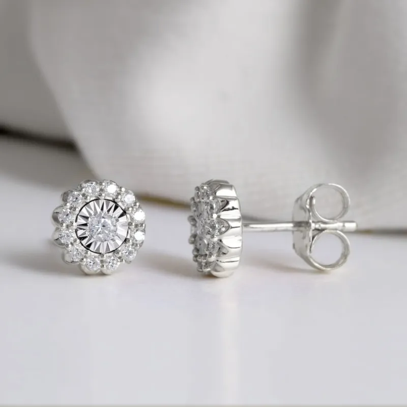 1/5ct TDW Diamond Halo Stud Earrings in Silver Rhodium by De Couer sold by Zulily