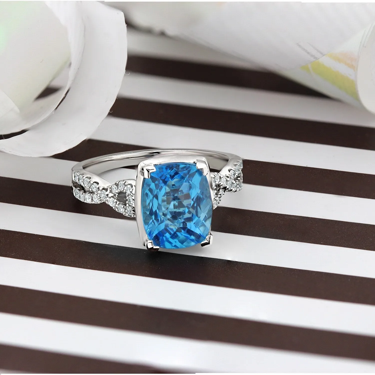 Auriya 3 9/10ct Cushion-cut Swiss-blue Topaz and Diamond Engagement Ring 1/5ctw 14k Gold sold by Zulily product image thumbnail 2
