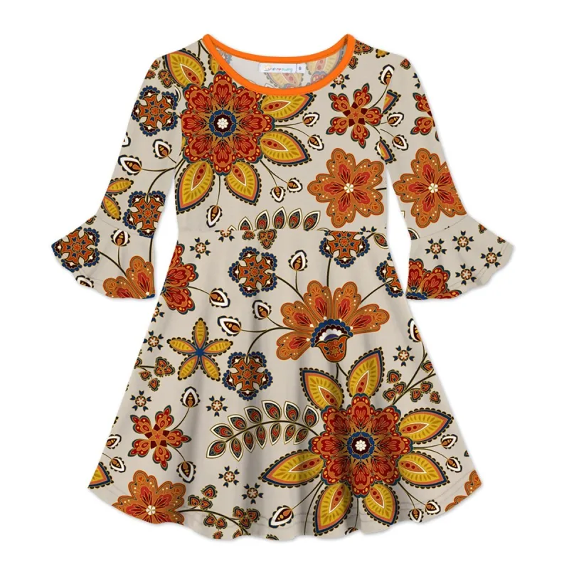 Beige & Orange Floral Print Ruffle-Sleeve A-Line Dress sold by Zulily