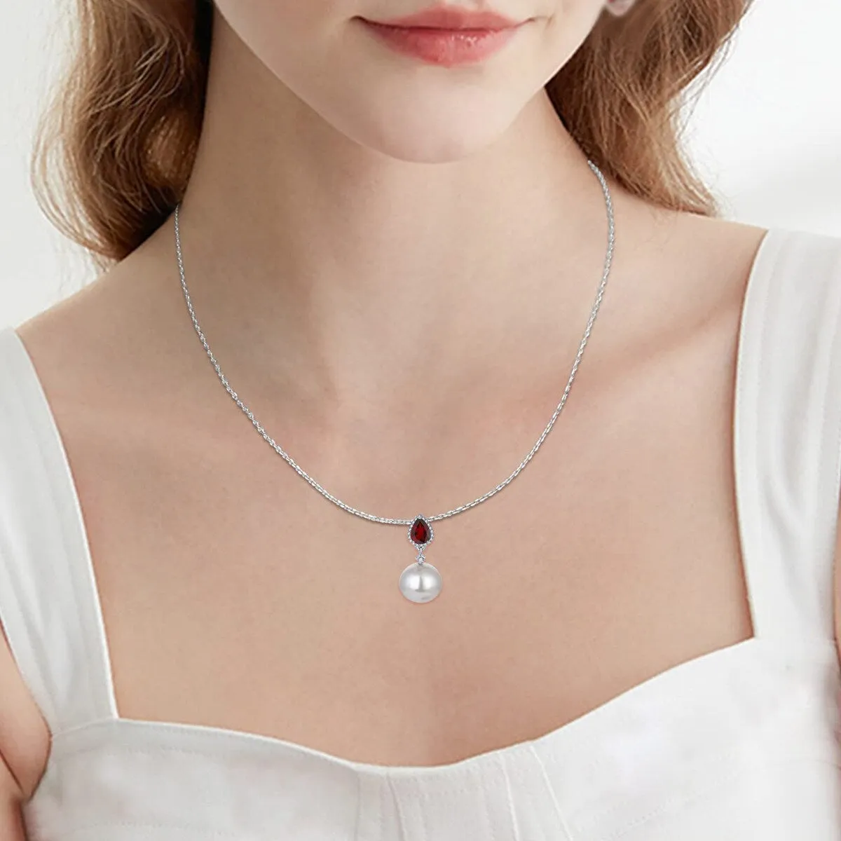 Sterling Silver Shell Pearl, Garnet and White Topaz Drop Pendant Necklace sold by Zulily product image thumbnail 5