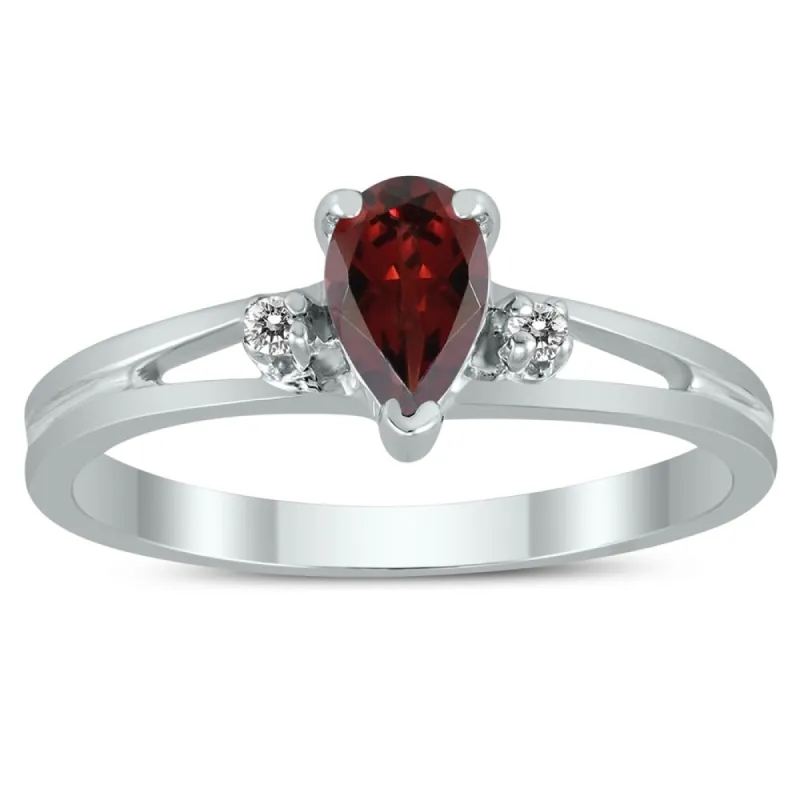 6X4MM Garnet and Diamond Pear Shaped Open Three Stone Ring in 10K White Gold sold by Zulily