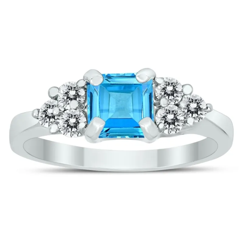 Princess Cut 6X6MM Blue Topaz and Diamond Duchess Ring in 10K White Gold sold by Zulily