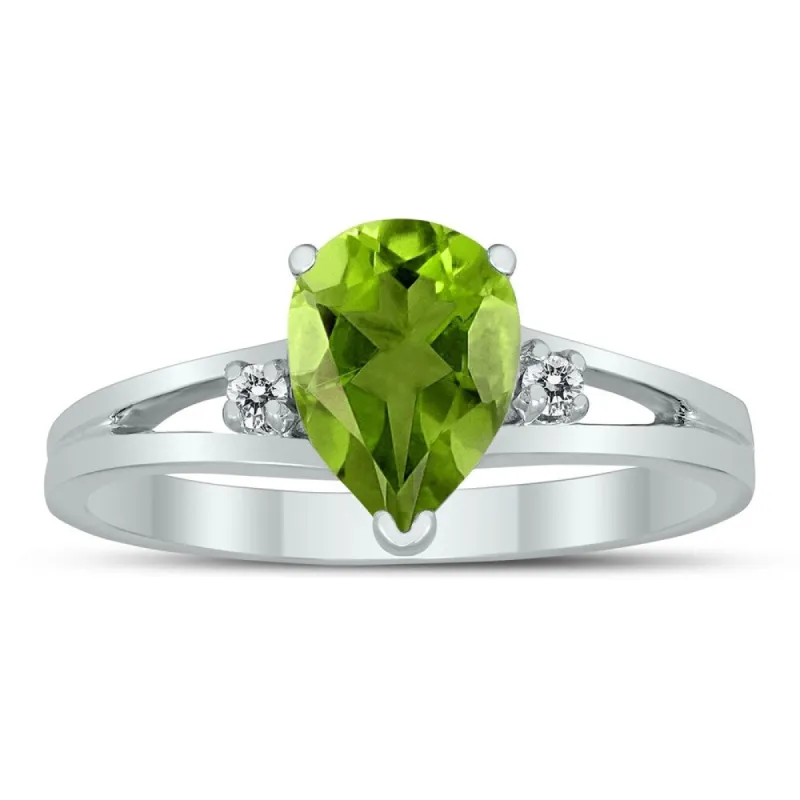 8X6MM Peridot and Diamond Pear Shaped Open Three Stone Ring in 10K White Gold sold by Zulily