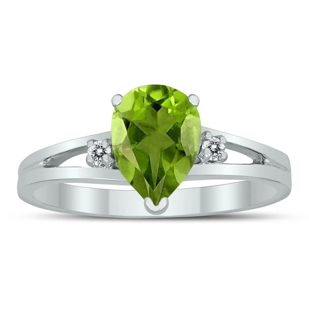 8X6MM Peridot and Diamond Pear Shaped Open Three Stone Ring in 10K White Gold sold by Zulily