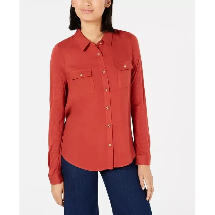 Ultra Flirt Juniors' Mixed-Media Utility Shirt Orange Size Medium sold by Zulily