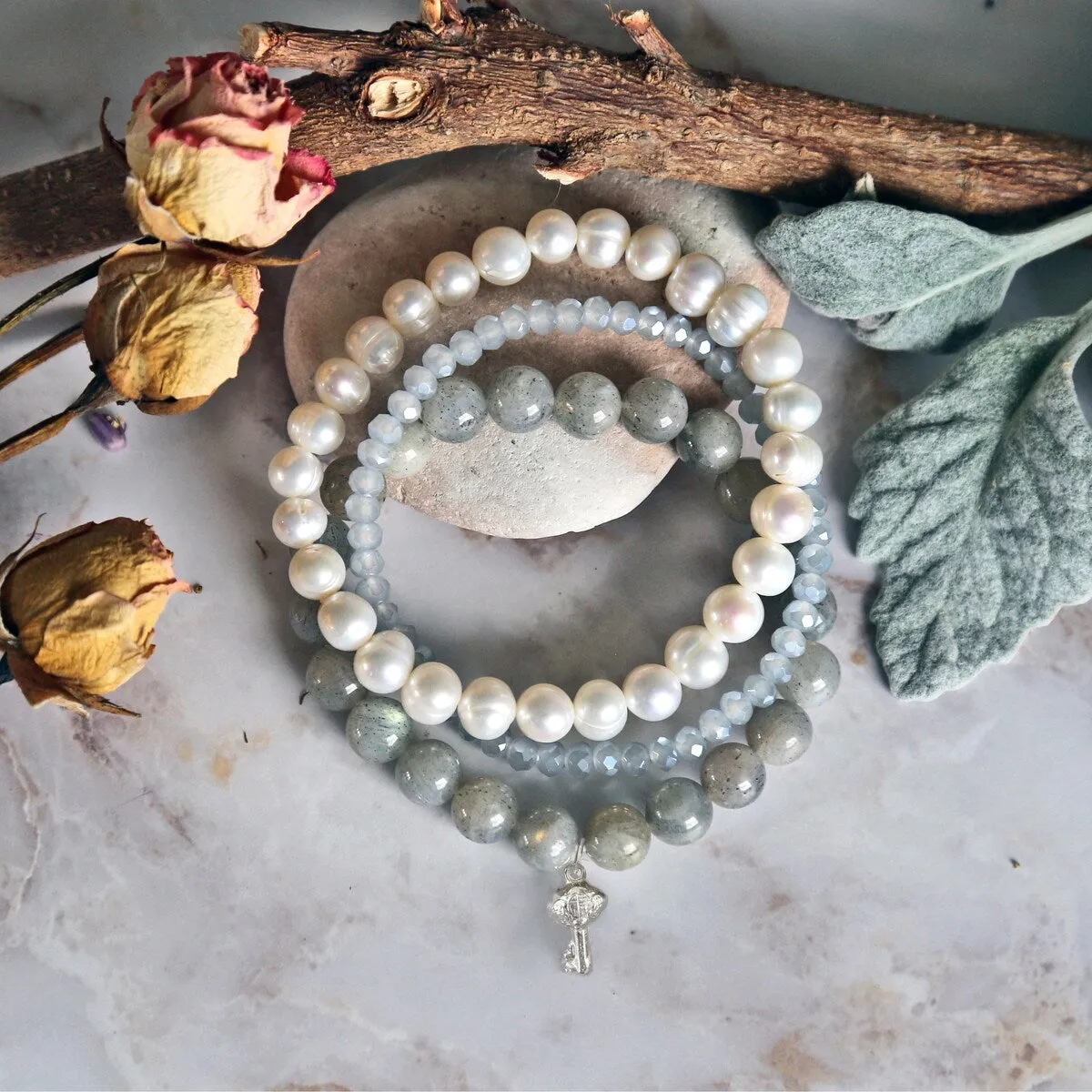 3-Piece Set Labradorite Bracelet, Cultured Pearl & Crystals Stretch Bracelets. Stackable Stone Statement Bracelets sold by Zulily