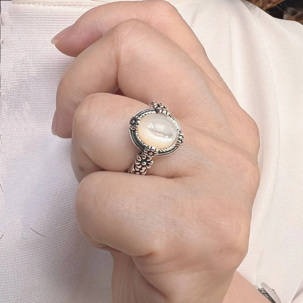 Vera & Co. Sterling Silver Oxidized Oval Mother of Pearl with Flowers Ring sold by Zulily product image thumbnail 2