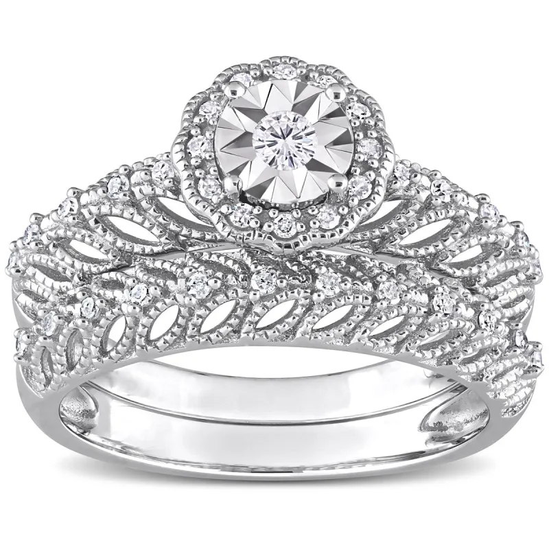 Miadora 1/4ct TDW Diamond Floral Bridal Ring Set in Sterling Silver sold by Zulily