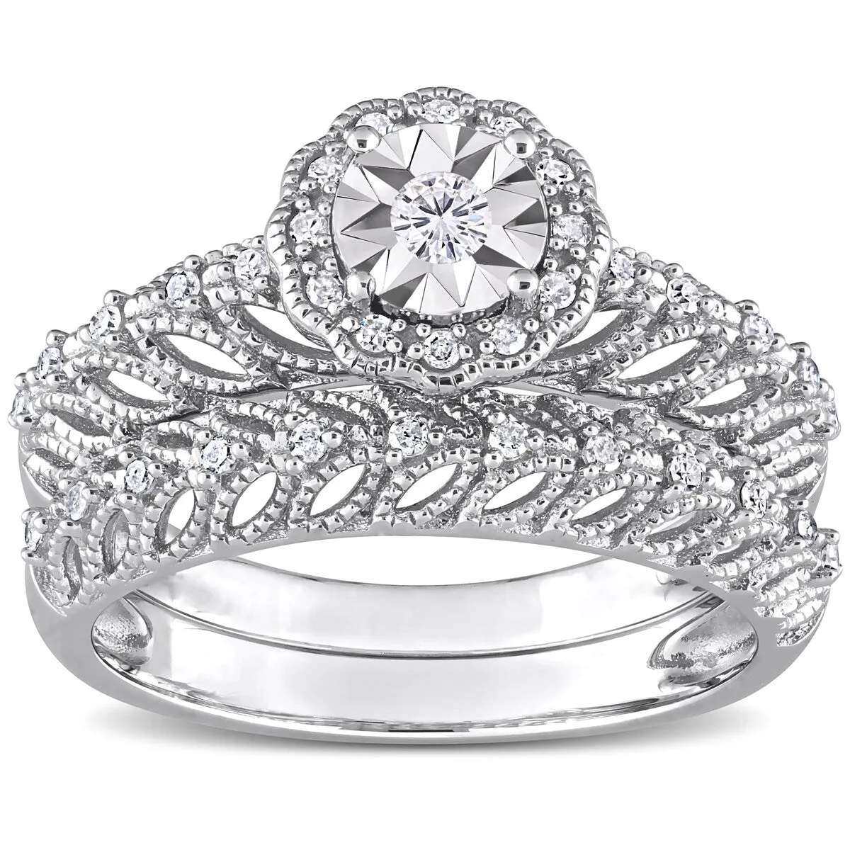 Miadora 1/4ct TDW Diamond Floral Bridal Ring Set in Sterling Silver sold by Zulily