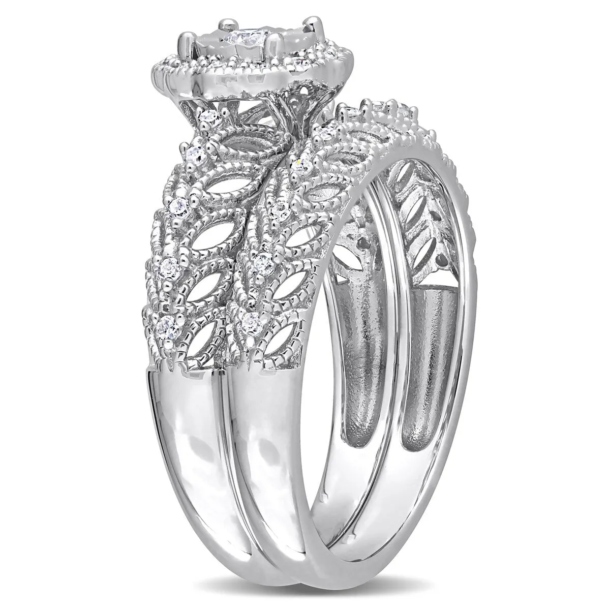 Miadora 1/4ct TDW Diamond Floral Bridal Ring Set in Sterling Silver sold by Zulily product image thumbnail 2